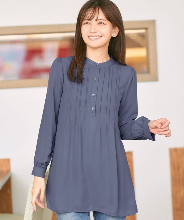 Tiaclasse 【スマート裏起毛・新色追加】 ピンタックシャツチュニック ブルー