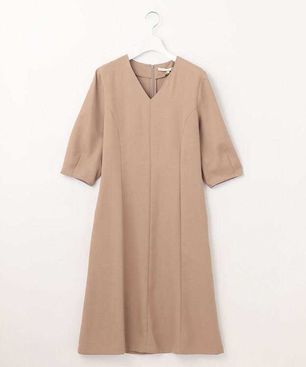 自由区 【接触冷感・速乾・UVケア・撥水・防シワ・XSサイズあり】リネンライクツィルVネック ワンピース キャメル系