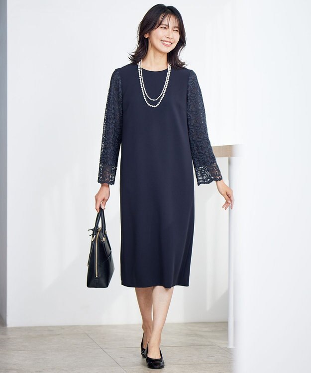 23区 【洗える】トリアセダブルジョーゼット ワンピース ネイビー系