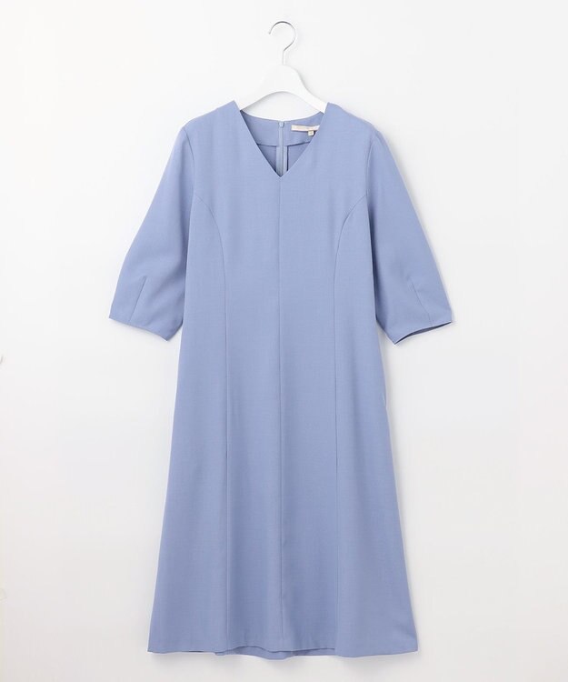 自由区 【接触冷感・速乾・UVケア・撥水・防シワ・XSサイズあり】リネンライクツィルVネック ワンピース ダルブルー系