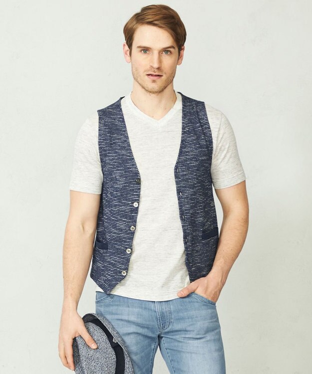 JOSEPH ABBOUD 【軽い/洗える】スラブギマボーダーニットベスト ブルー系1