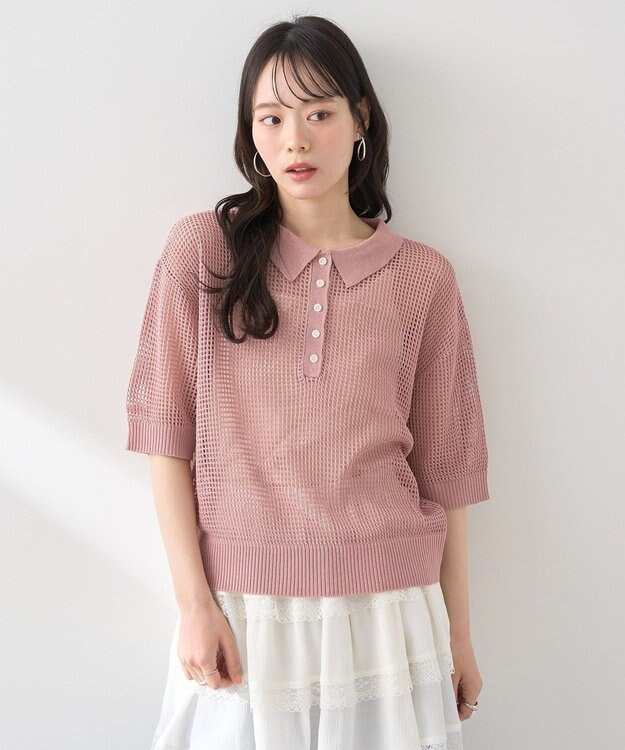 earth music&ecology メッシュポロニットプルオーバー Pink
