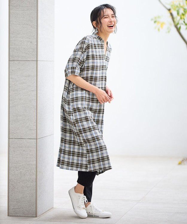 ANY L フレンチリネンシャツワンピース ブラウンチェック