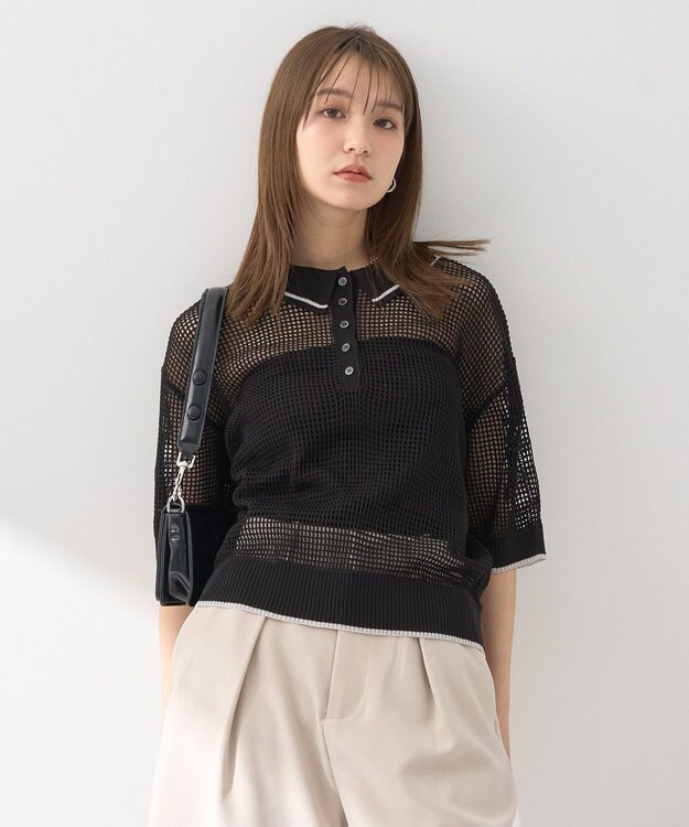earth music&ecology メッシュポロニットプルオーバー Black