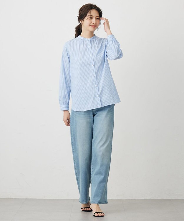 J.PRESS LADIES BEZ ドビーストライプ バンドカラー ブラウス サックス系