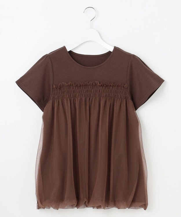 Feroux 【汗ジミが目立たない・洗える】バルーンチュール Tシャツ ダークブラウン系