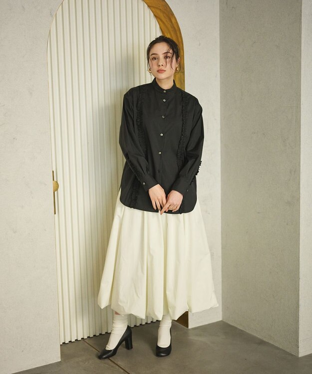 #Newans 【洗濯機可能/シワになりにくい】パネルフリルシャツ ブラック