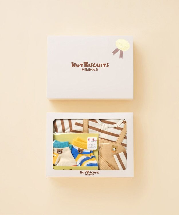 MIKI HOUSE HOT BISCUITS カバーオール＆ローカットソックスギフトセット【BOX付き】 ベージュ
