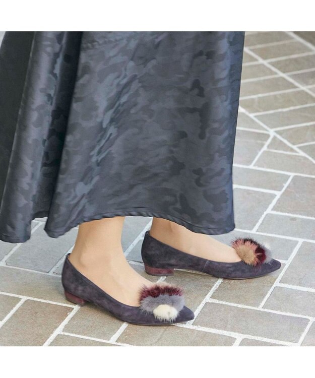 MODE ET JACOMO <MODE ET JACOMO>ファー付ポインテッドトゥフラットパンプス ダークグレースエード