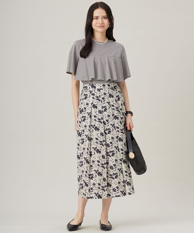 自由区 L 【洗える】リネンライクフラワープリント スカート ベージュ×バーント