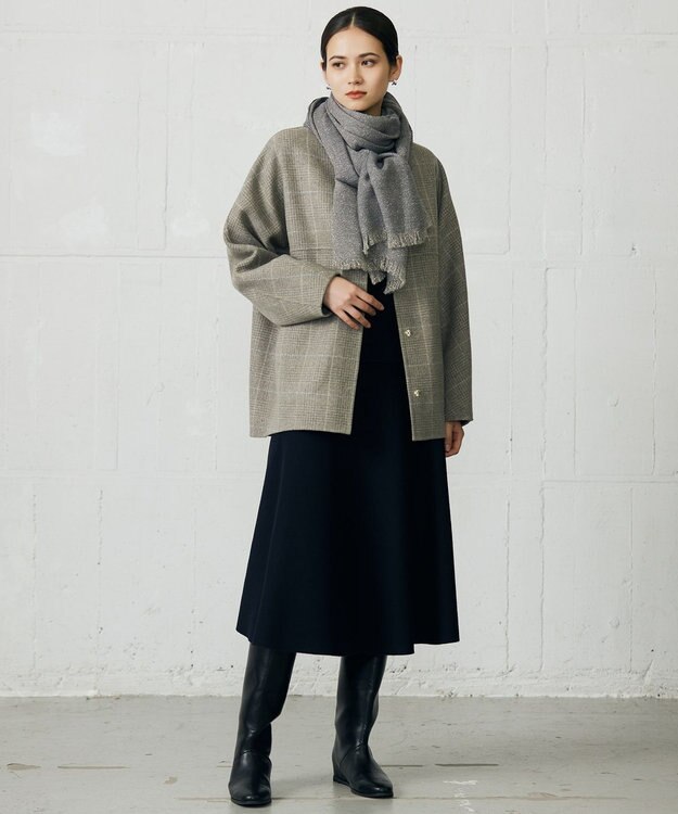 自由区 L 【17号サイズまで展開・カタログ掲載】ウールリバーチェック柄ノーカラー コート モカチェック