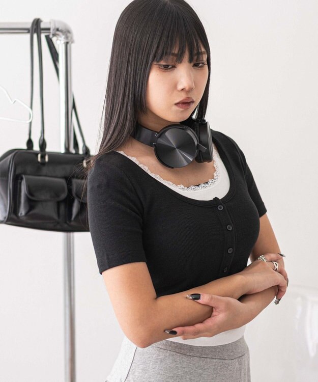 WEGO レースキャミレイヤード風ちびT ブラック