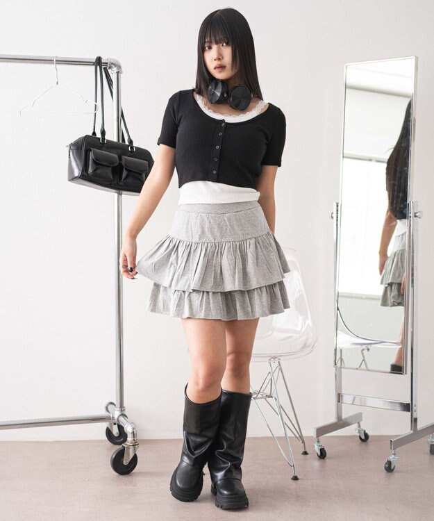 WEGO レースキャミレイヤード風ちびT ブラック