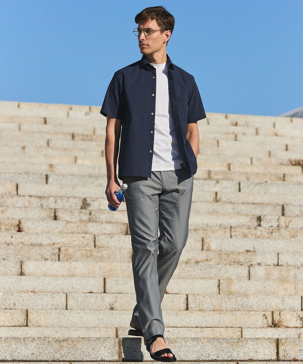 GOTAIRIKU リラックスシルエット【高通気性/吸水速乾】ドッツエアー クールマックスサッカーシャツ ネイビー系