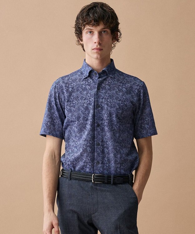 JOSEPH ABBOUD 【日本製ジャージー使用・清涼感・イージーケア】シャンブレー ペイズリープリント シャツ ダルブルー系7