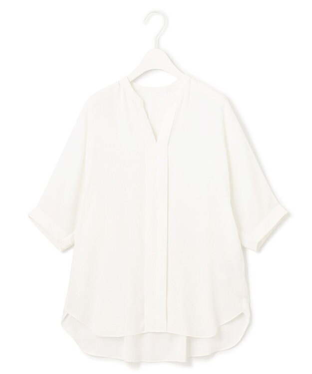 ICB 【新色追加・接触冷感・UVケア・速乾・洗える】BackSatinAmunzen  5分袖 キーネックブラウス オフホワイト系