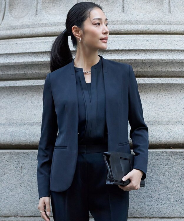 ICB L 【防シワ・速乾・洗える】Fied ノーカラージャケット ネイビー系