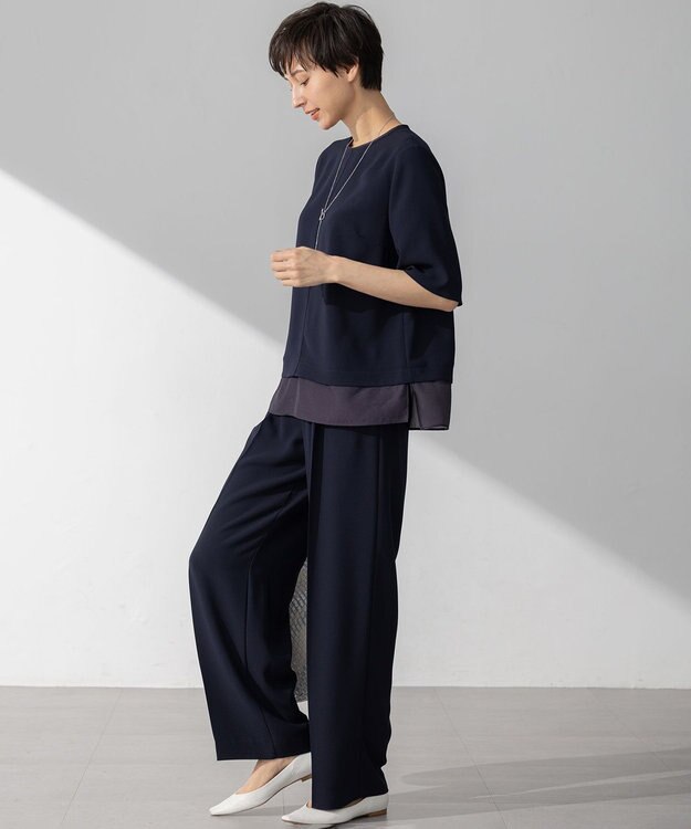 23区 【接触冷感/UVカット/吸水速乾】ストレッチジョーゼット ワイド パンツ ネイビー系