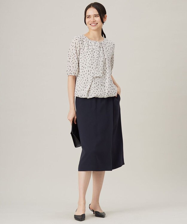 自由区 S 【洗える】ロイヤルシフォンドレープタイ半袖 ブラウス ベージュプリント