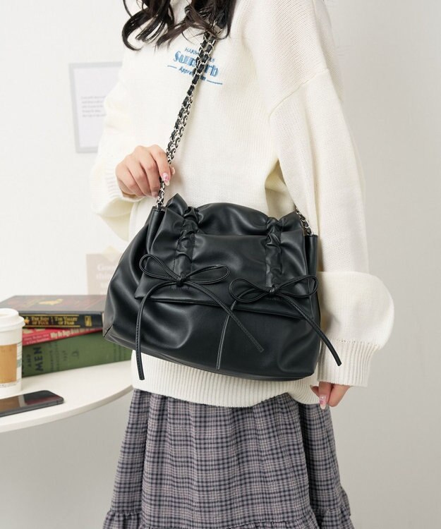 WEGO ギャザーリボンフラップバッグ ブラック