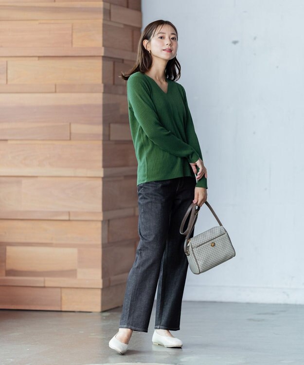 ANY 【洗える】Vネック リブニット グリーン系