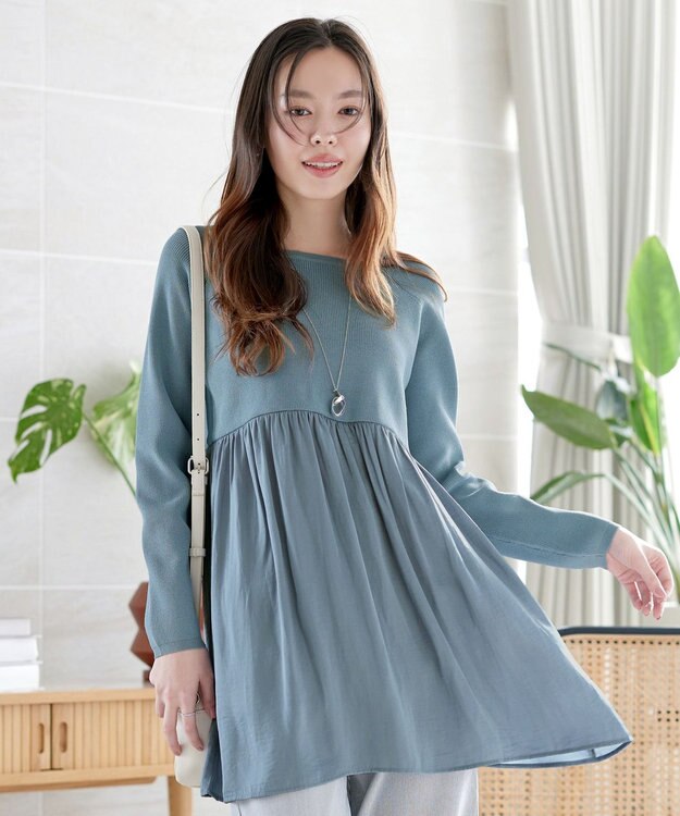 Tiaclasse L ヴィンテージサテンドッキングニットチュニック ブルー