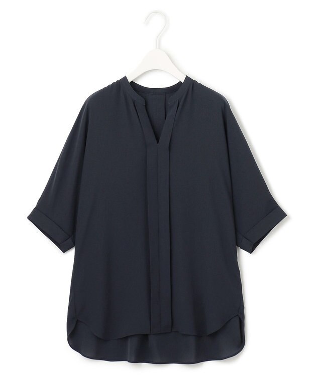 ICB 【新色追加・接触冷感・UVケア・速乾・洗える】BackSatinAmunzen  5分袖 キーネックブラウス ネイビー系