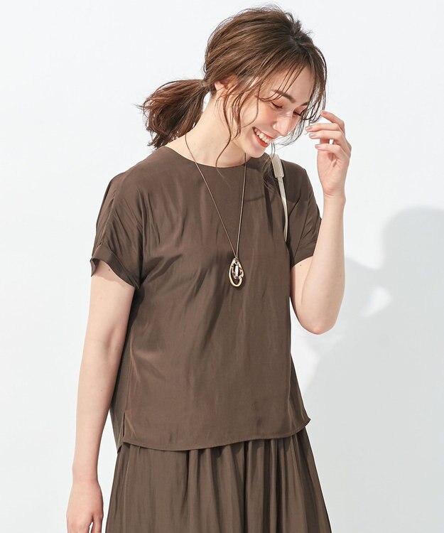 自由区 【セットアップ可/洗える】ブライトサテンライト ジャージーコンビ カットソー ダークブラウン系