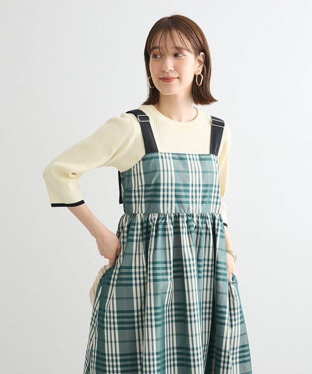 Green Parks ＢＰ　袖口カラーリブ７分袖ニットプルオーバー Off White