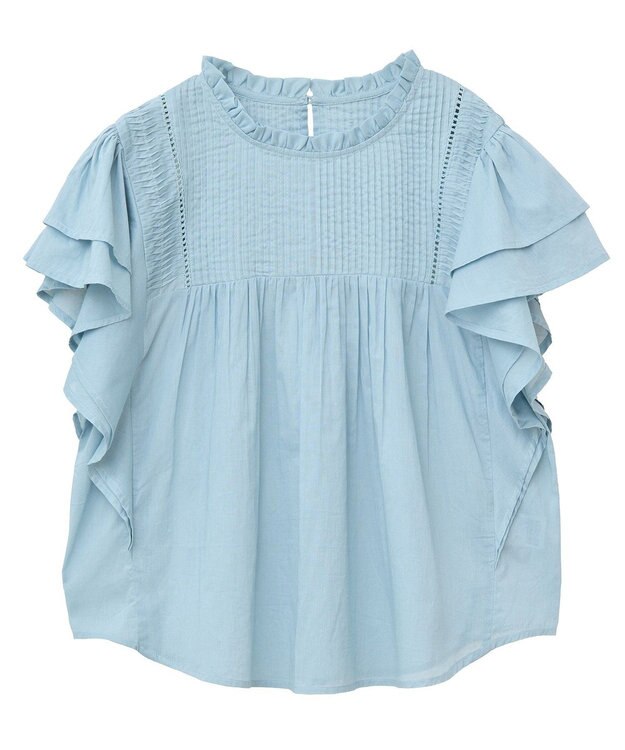 earth music&ecology フリルピンタック半袖ブラウス Blue