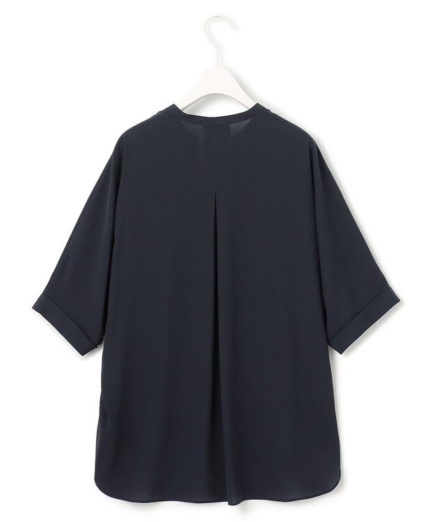 ICB 【新色追加・接触冷感・UVケア・速乾・洗える】BackSatinAmunzen  5分袖 キーネックブラウス ネイビー系