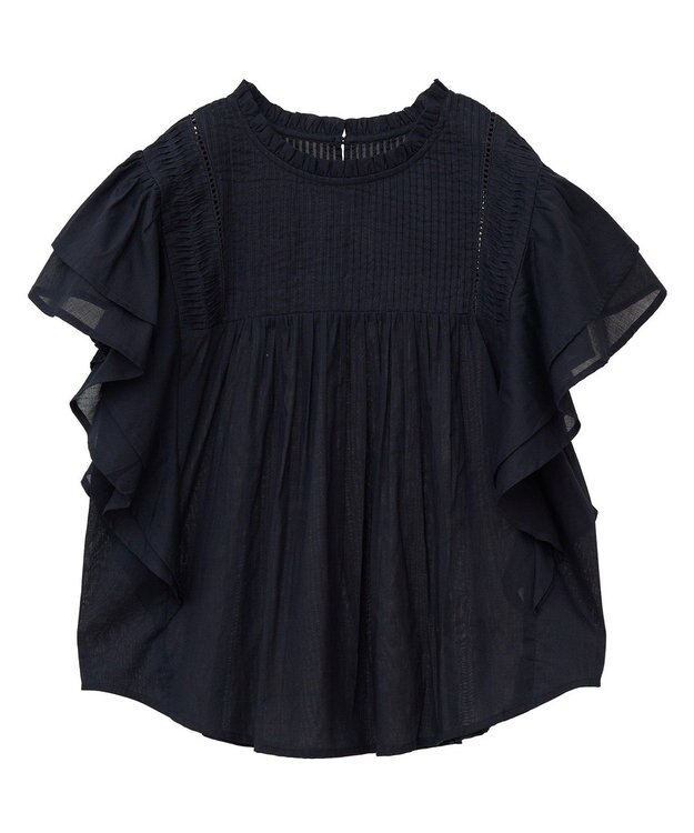 earth music&ecology フリルピンタック半袖ブラウス Black