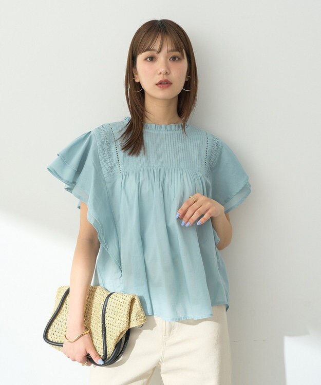 earth music&ecology フリルピンタック半袖ブラウス Blue