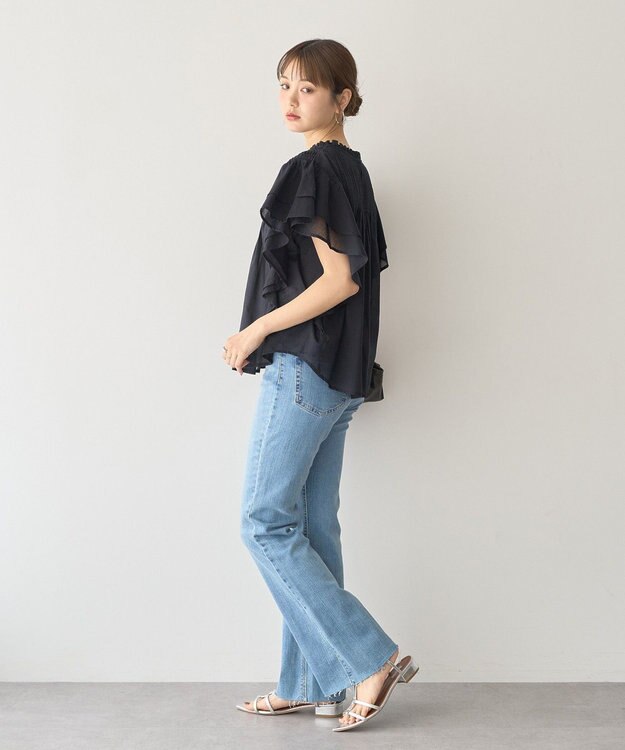 earth music&ecology フリルピンタック半袖ブラウス Black