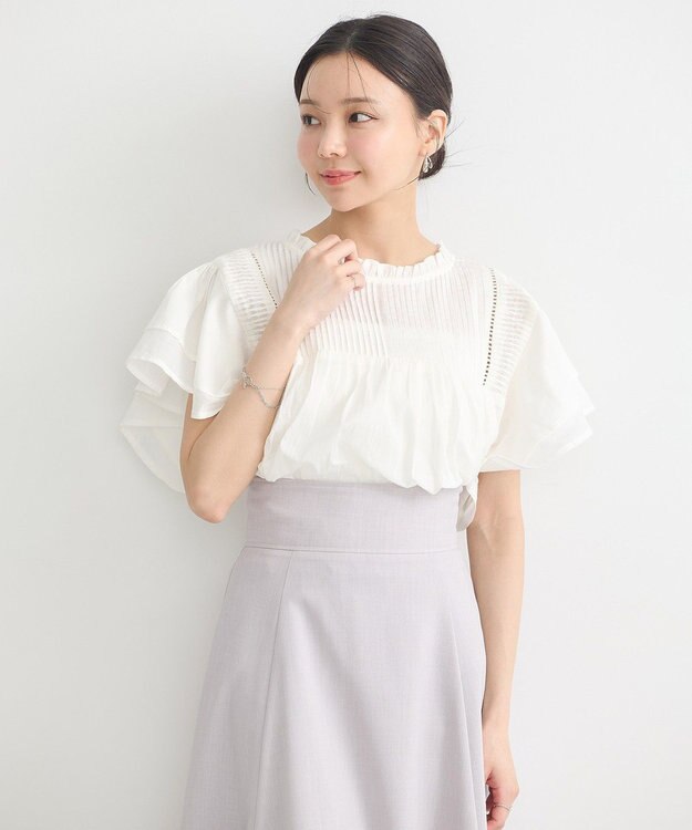 earth music&ecology フリルピンタック半袖ブラウス Off White