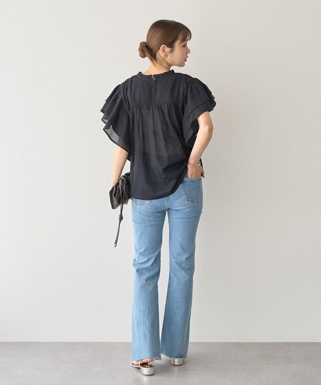 earth music&ecology フリルピンタック半袖ブラウス Black