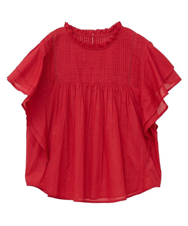 earth music&ecology フリルピンタック半袖ブラウス Red