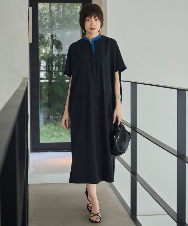 ICB L 【接触冷感・UVカット・洗える】RENUソフトタイプライター バンドカラーワンピース ブラック×ブルー系