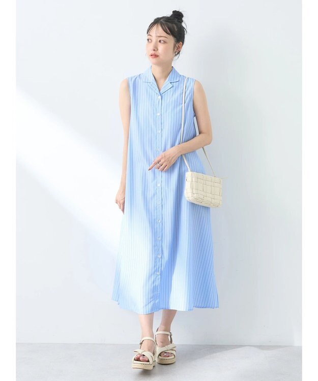 earth music&ecology ＳＥＴ２点シャーリングビスチェ×シャツワンピース Stripe Blue