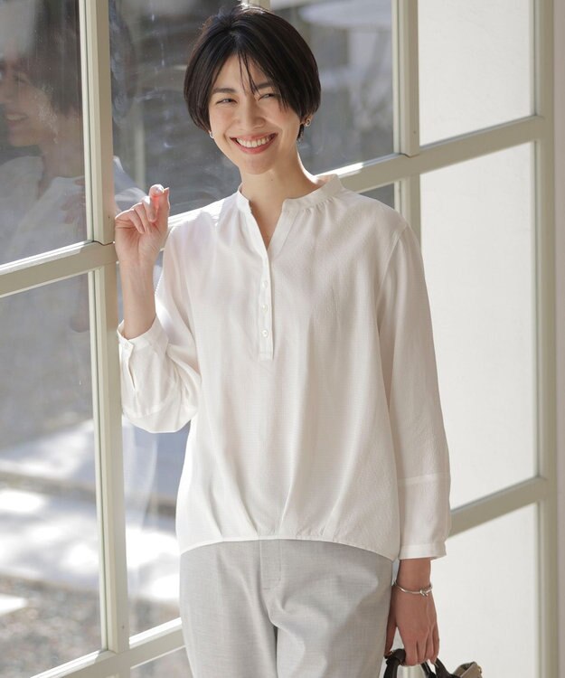 J.PRESS LADIES S 【洗える】アセVisシャドーギンガム タック ブラウス ホワイト系