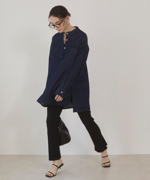 WEGO 【ANGIE VINTAGE】襟が選べる デニム チュニック シャツ （バンドカラー/レギュラーカラー） ネイビー