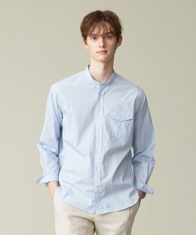 J.PRESS MEN ポプリンマルチストライプ バンドカラーシャツ ブルー系1