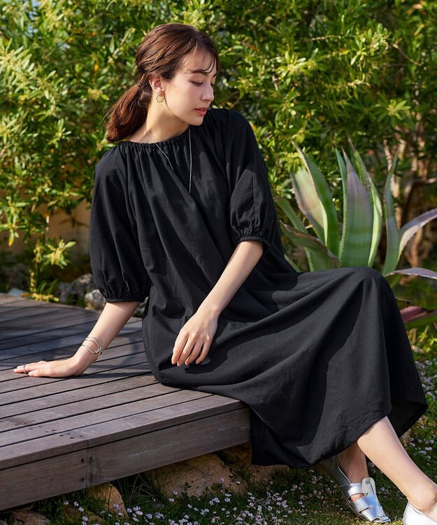 Tiaclasse 【洗える】後ろリボンバルーンスリーブワンピース ブラック