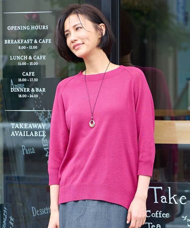 自由区 【洗える・XSサイズあり】ペーパーコットンアセテート  ニット ピンク系