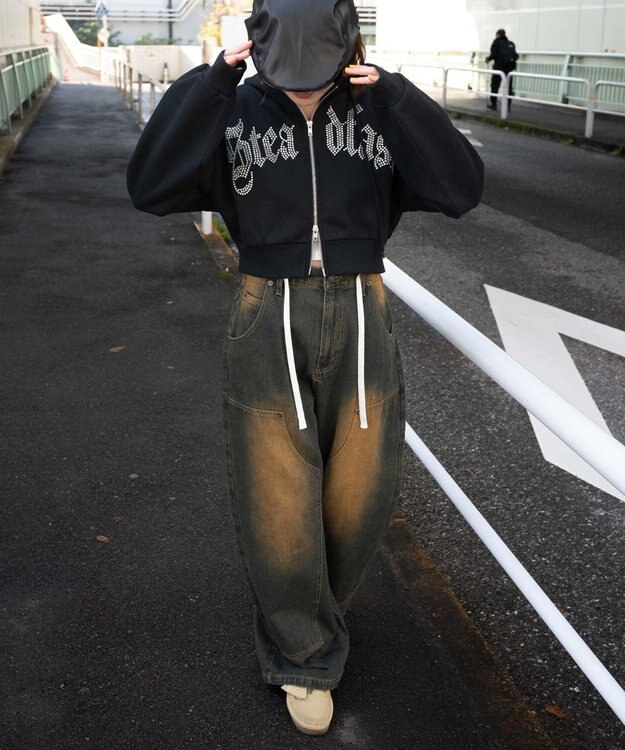 WEGO 【裏起毛】ラインストーン裏起毛ショートジップパーカー ブラック