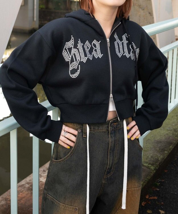 WEGO 【裏起毛】ラインストーン裏起毛ショートジップパーカー ブラック