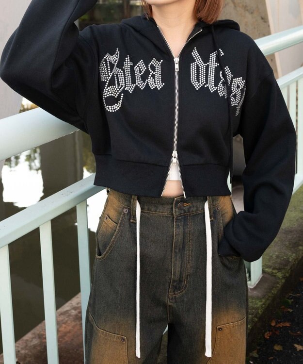 WEGO 【裏起毛】ラインストーン裏起毛ショートジップパーカー ブラック