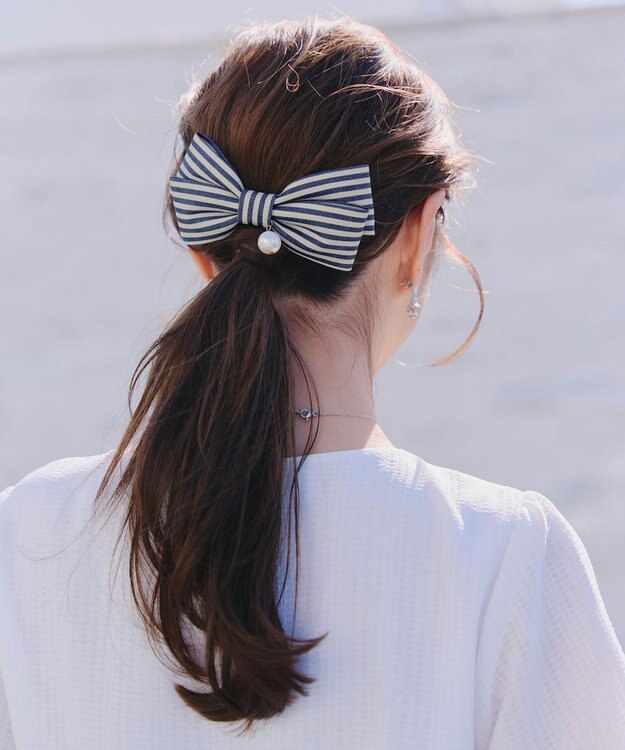 Tiaclasse ボーダーリボンバレッタ（パール付き） ネイビー