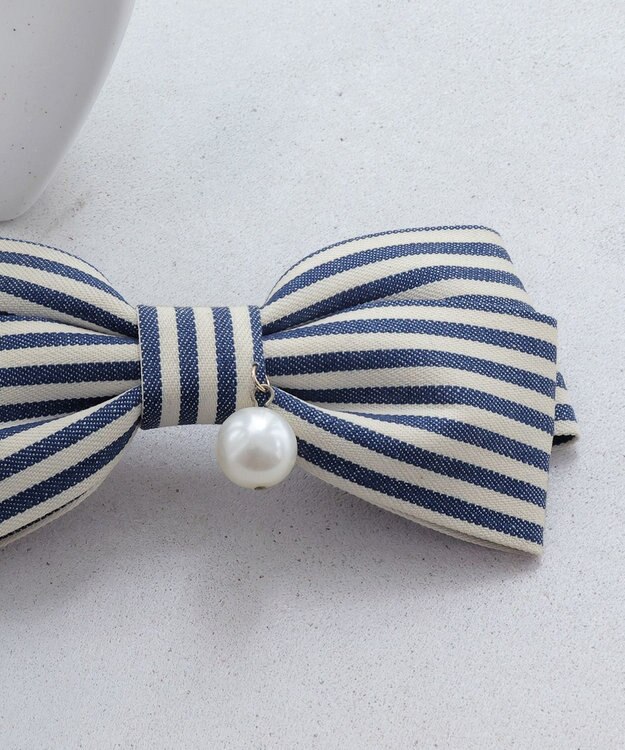 Tiaclasse ボーダーリボンバレッタ（パール付き） ネイビー