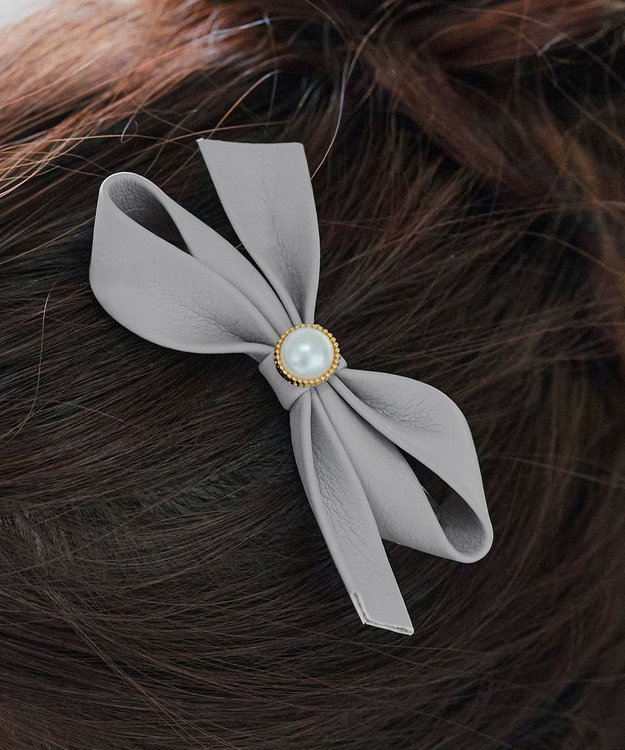 Tiaclasse 【2TYPE/ゴム＆クリップ】レザーリボンヘアアクセサリー クリップ：グレー